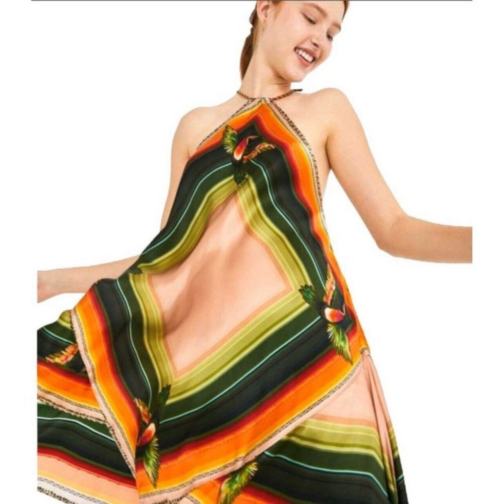 🆕 NWT FARM Rio Silk Scarf Mini Halter Tropical  Dress  Toucan Green Pink Accents